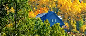 Preview wallpaper house, forest, trees, autumn, landscape, mountains