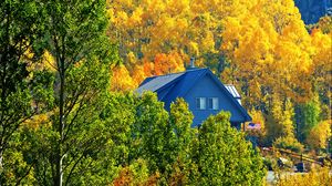 Preview wallpaper house, forest, trees, autumn, landscape, mountains