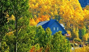 Preview wallpaper house, forest, trees, autumn, landscape, mountains
