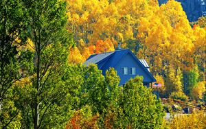 Preview wallpaper house, forest, trees, autumn, landscape, mountains