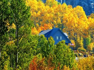 Preview wallpaper house, forest, trees, autumn, landscape, mountains