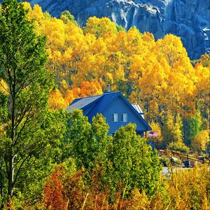 Preview wallpaper house, forest, trees, autumn, landscape, mountains
