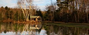 Preview wallpaper house, forest, trees, lake, reflection, nature