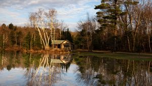 Preview wallpaper house, forest, trees, lake, reflection, nature
