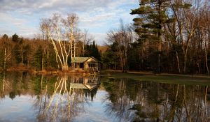 Preview wallpaper house, forest, trees, lake, reflection, nature
