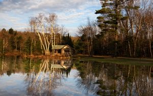 Preview wallpaper house, forest, trees, lake, reflection, nature