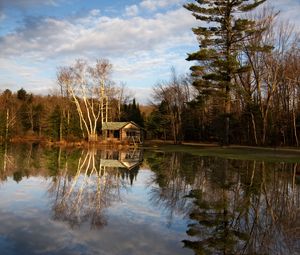 Preview wallpaper house, forest, trees, lake, reflection, nature