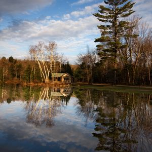 Preview wallpaper house, forest, trees, lake, reflection, nature
