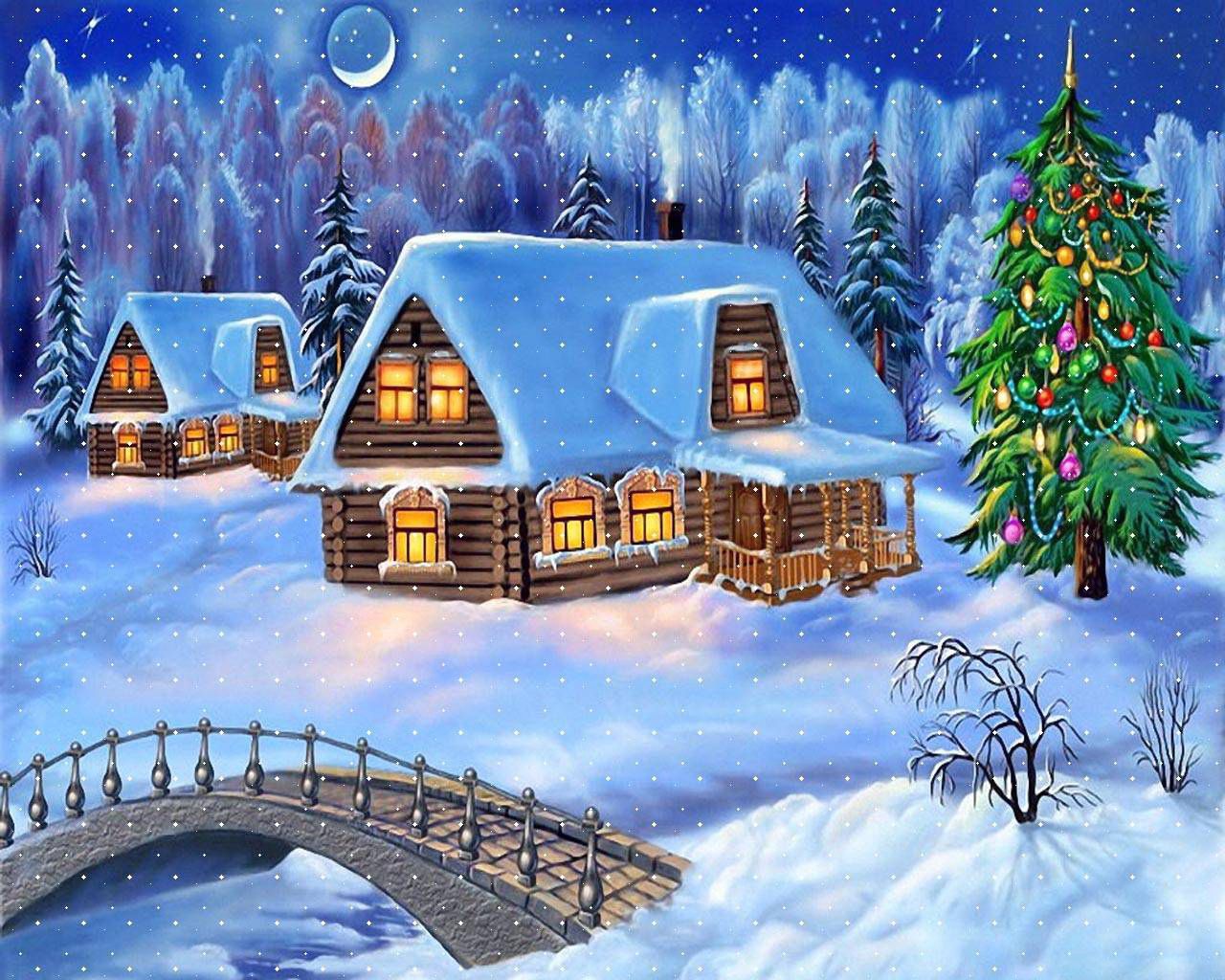 1280x1024 Wallpaper house, fur-tree, snow, winter, new year, bridge, christmas, card