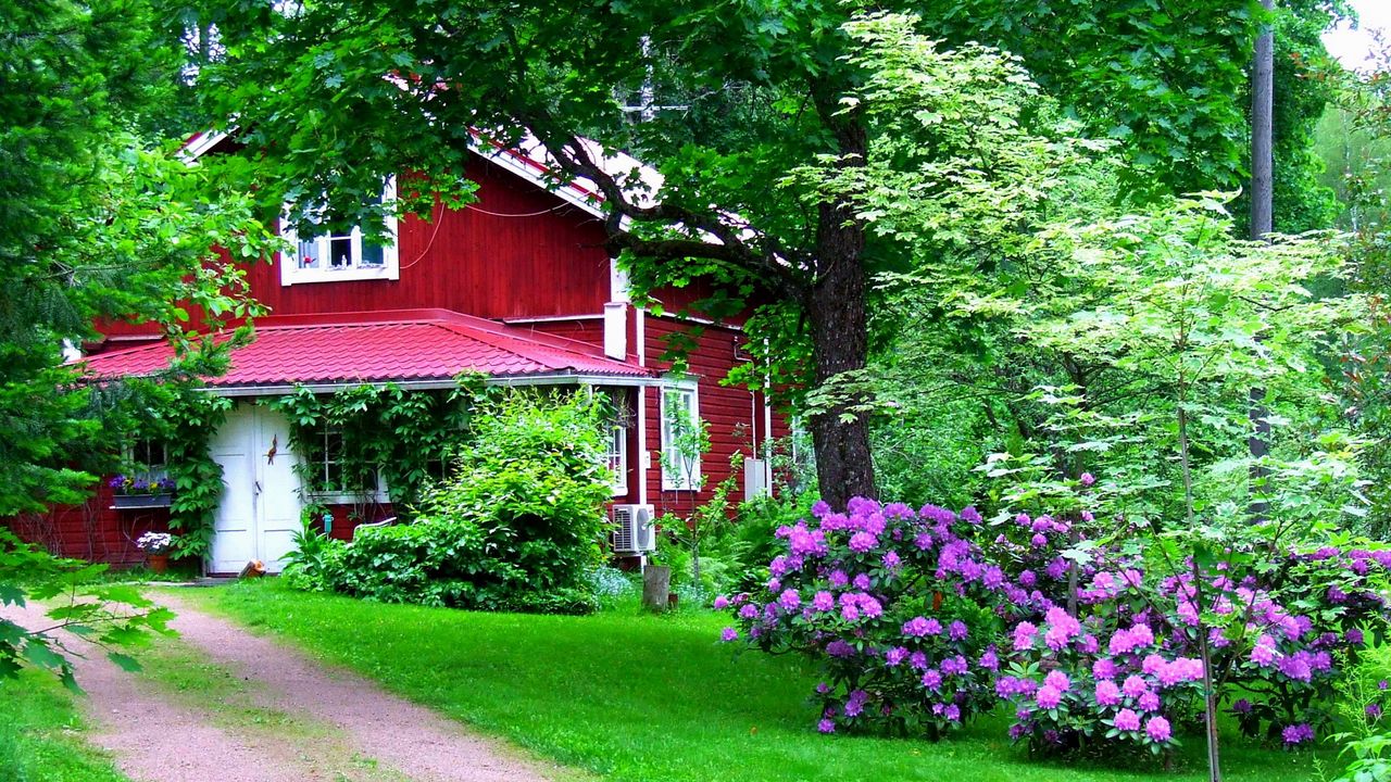 Wallpaper house, garden, yard, flowers, green, door