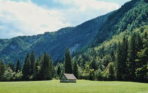 Preview wallpaper house, glade, trees, forest, mountains