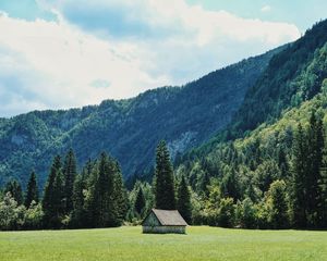 Preview wallpaper house, glade, trees, forest, mountains