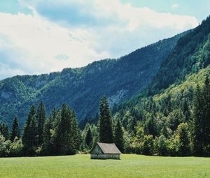 Preview wallpaper house, glade, trees, forest, mountains