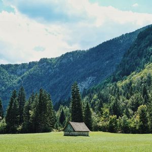 Preview wallpaper house, glade, trees, forest, mountains