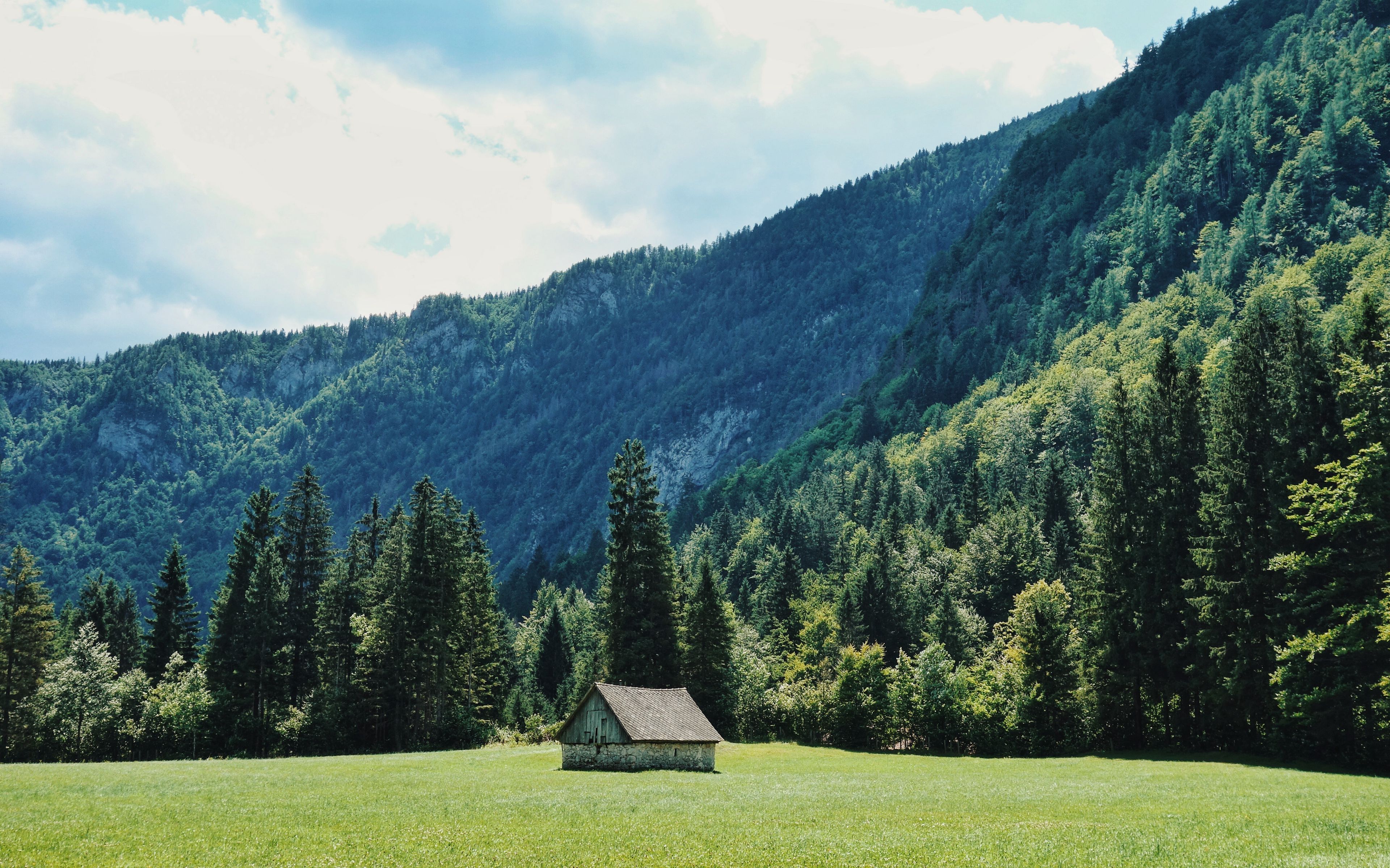 Download wallpaper 3840x2400 house, glade, trees, forest, mountains 4k ...