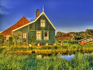 Preview wallpaper house, grass, bridge, country