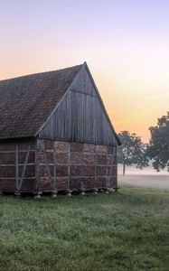 Preview wallpaper house, grass, fog, trees, morning