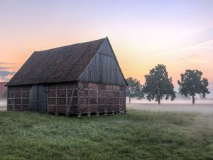 Preview wallpaper house, grass, fog, trees, morning