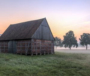 Preview wallpaper house, grass, fog, trees, morning