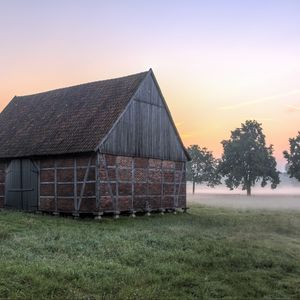 Preview wallpaper house, grass, fog, trees, morning