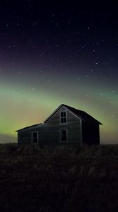 Preview wallpaper house, grass, night, starry sky, northern lights
