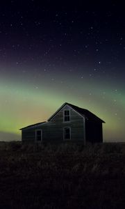 Preview wallpaper house, grass, night, starry sky, northern lights