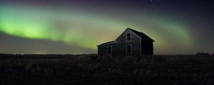 Preview wallpaper house, grass, night, starry sky, northern lights