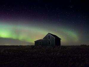 Preview wallpaper house, grass, night, starry sky, northern lights