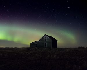 Preview wallpaper house, grass, night, starry sky, northern lights