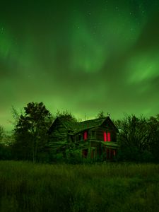 Preview wallpaper house, grass, northern lights, night, abandoned, old, green