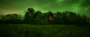 Preview wallpaper house, grass, northern lights, night, abandoned, old, green