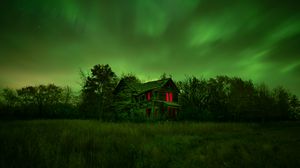 Preview wallpaper house, grass, northern lights, night, abandoned, old, green
