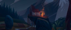 Preview wallpaper house, hill, art, mountains, night, bonfire