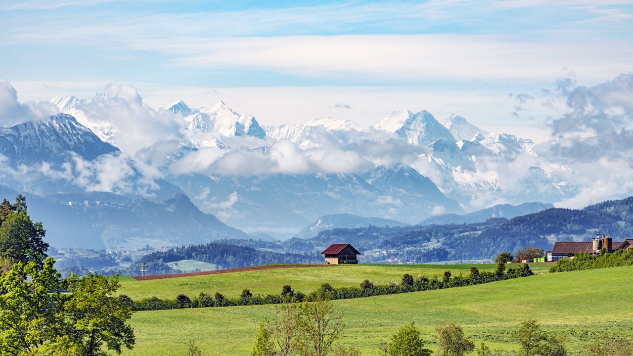 Wallpaper house, hill, field, trees, mountains, landscape