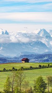 Preview wallpaper house, hill, field, trees, mountains, landscape