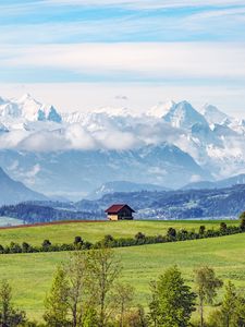 Preview wallpaper house, hill, field, trees, mountains, landscape