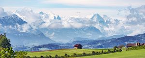 Preview wallpaper house, hill, field, trees, mountains, landscape