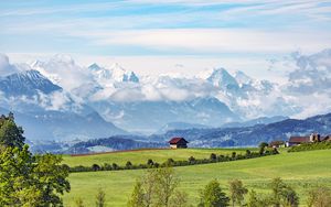 Preview wallpaper house, hill, field, trees, mountains, landscape