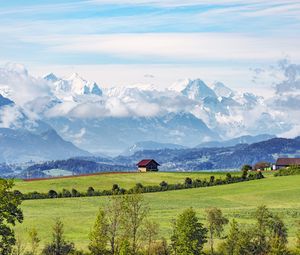 Preview wallpaper house, hill, field, trees, mountains, landscape