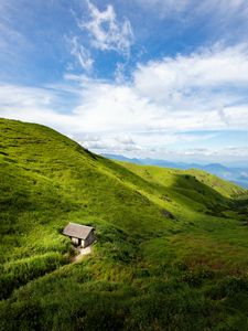 Preview wallpaper house, hills, grass, nature
