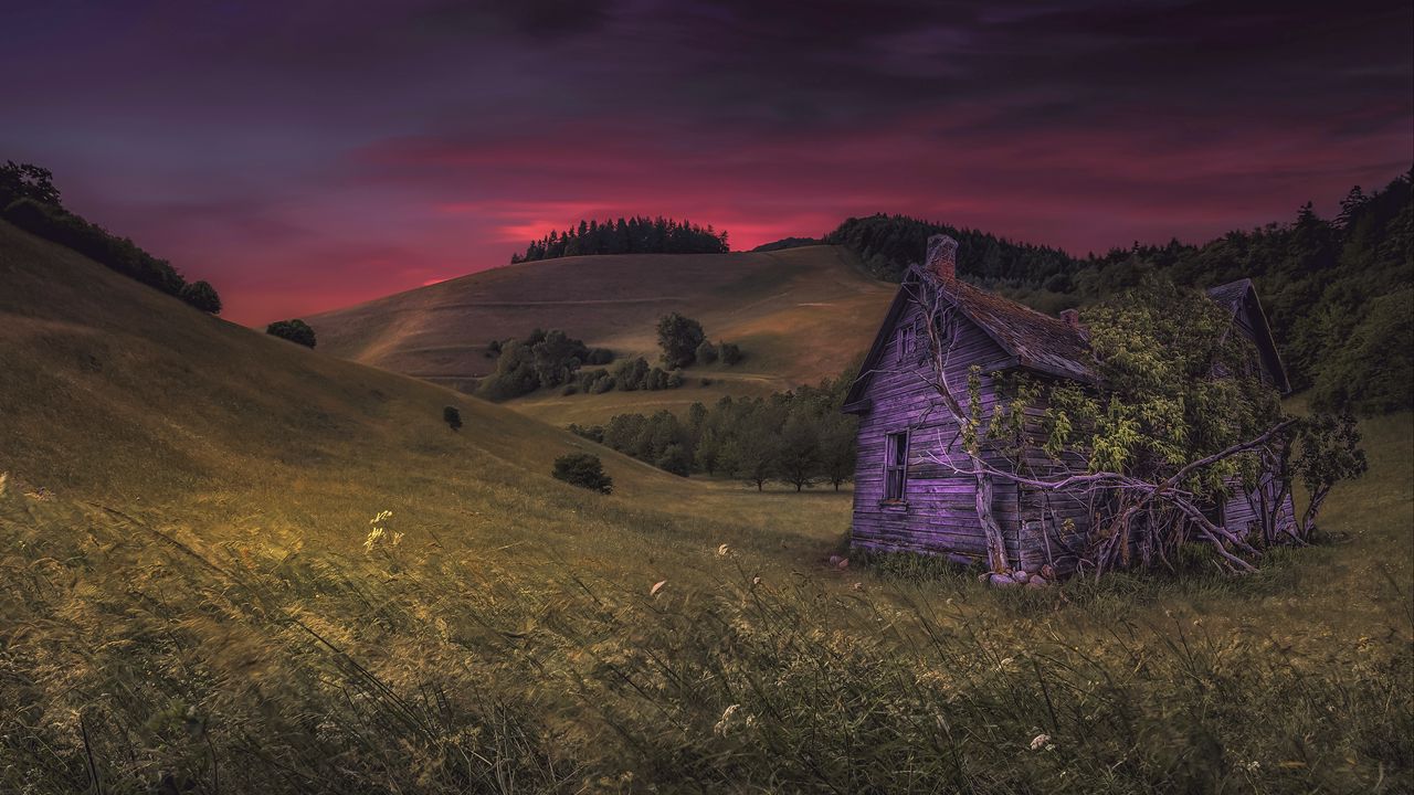 Wallpaper house, hills, nature, twilight