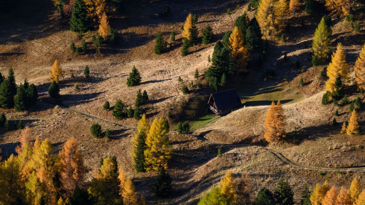 Wallpaper house, hills, trees, aerial view