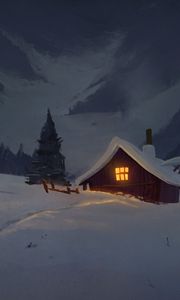 Preview wallpaper house, hut, night, snow, art
