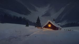 Preview wallpaper house, hut, night, snow, art