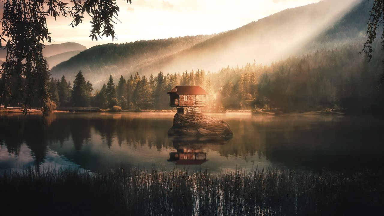 Wallpaper house, island, lake, forest, fog