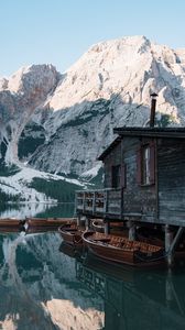 Preview wallpaper house, lake, boats, pier, mountains