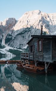 Preview wallpaper house, lake, boats, pier, mountains