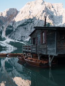 Preview wallpaper house, lake, boats, pier, mountains