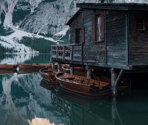 Preview wallpaper house, lake, boats, pier, mountains