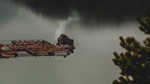 Preview wallpaper house, lake, forest, fog